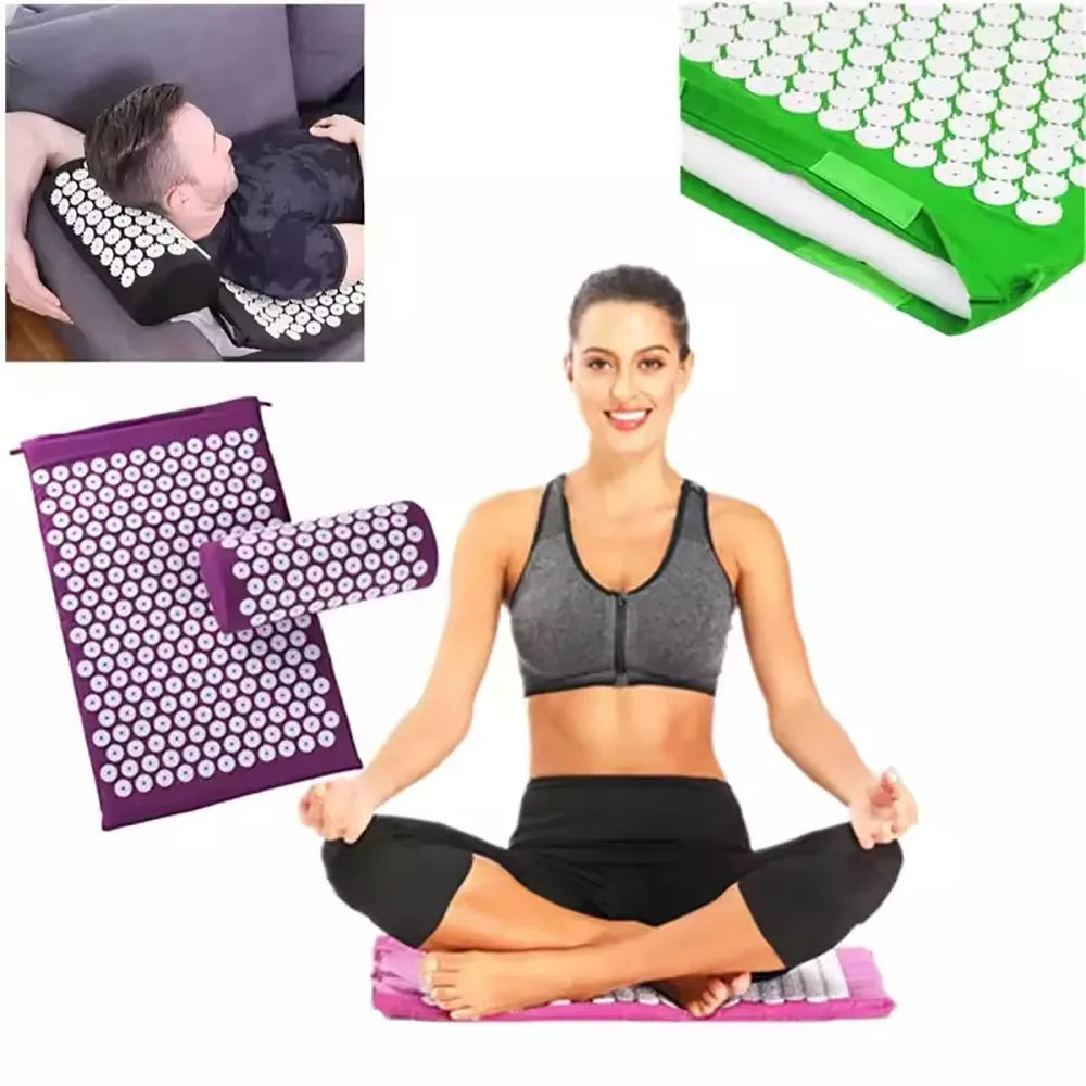 Massager pillow, massage mat for Yoga acupressure relieves pain stress, back, body pain, tip mat, acupuncture mat and pillow set