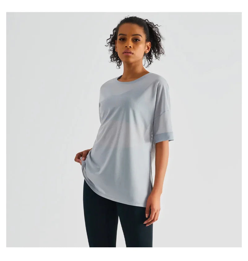 Yoga Sport Shirt Quick Drying Yoga Blouse Fitness Mesh Stitched Casual Sports Top Summer Short Sleeve Sport T-Shirt For Women