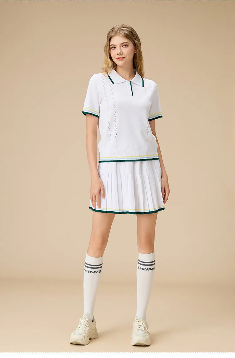 New 2pcs Tennis Clothing Set Women Knitted Polo Shirt Breathable Short Sleeve Golf Top Pleated Fitness Tennis Skort Sports Skirt