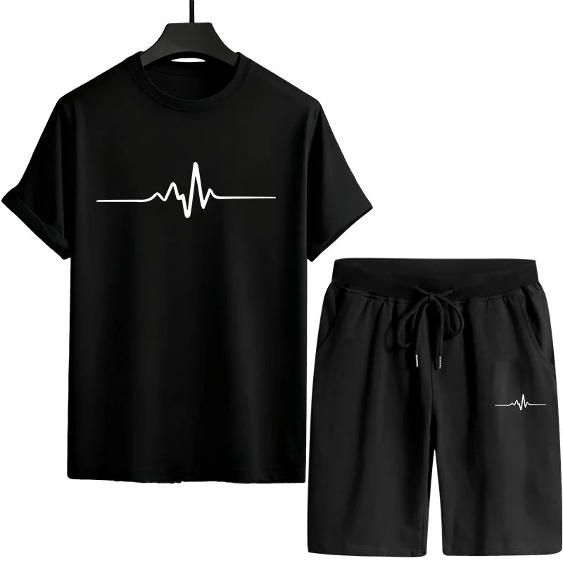 Men's T-shirt sports outfit with print, casual wear for outdoor gym, jogging, street clothing, summer T-shirt shorts