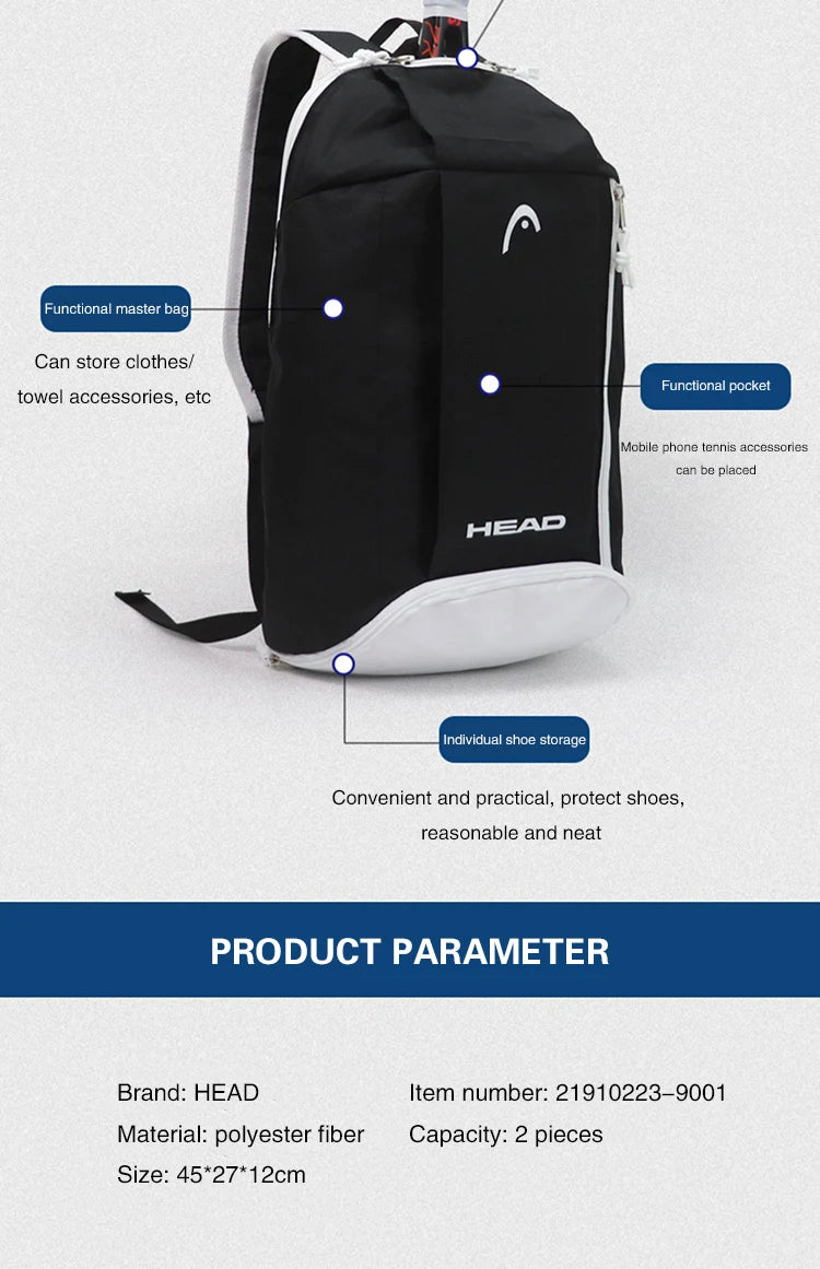 HEAD Tennis Racket Bag Large Capacity for Simple Fashion Tennis Racket Bag Badminton Backpack Portable Racket Bag