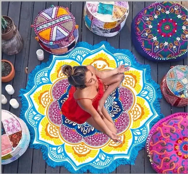 Yoga Mat Chakra Beach Towel Tassel Toalla Mandala Tapestry Sunblock Round Cover-Up Bath Towel Lotus Bohemian  150cm