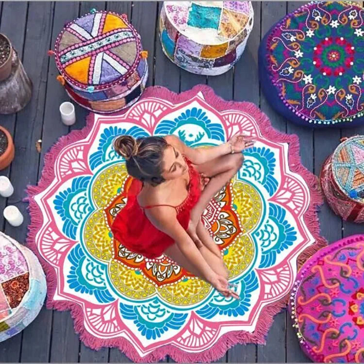 Yoga Mat Chakra Beach Towel Tassel Toalla Mandala Tapestry Sunblock Round Cover-Up Bath Towel Lotus Bohemian  150cm