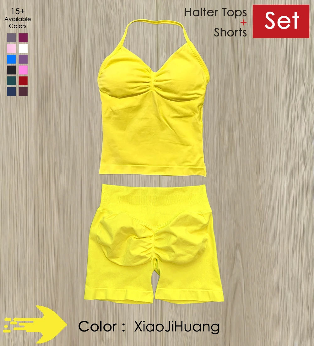 Yoga 2 Pieces Gym Set Women Backless Halter Tops High Waist Seamless Shorts Gym Suit Fitness Sports Bras Sportswear Workout Sets