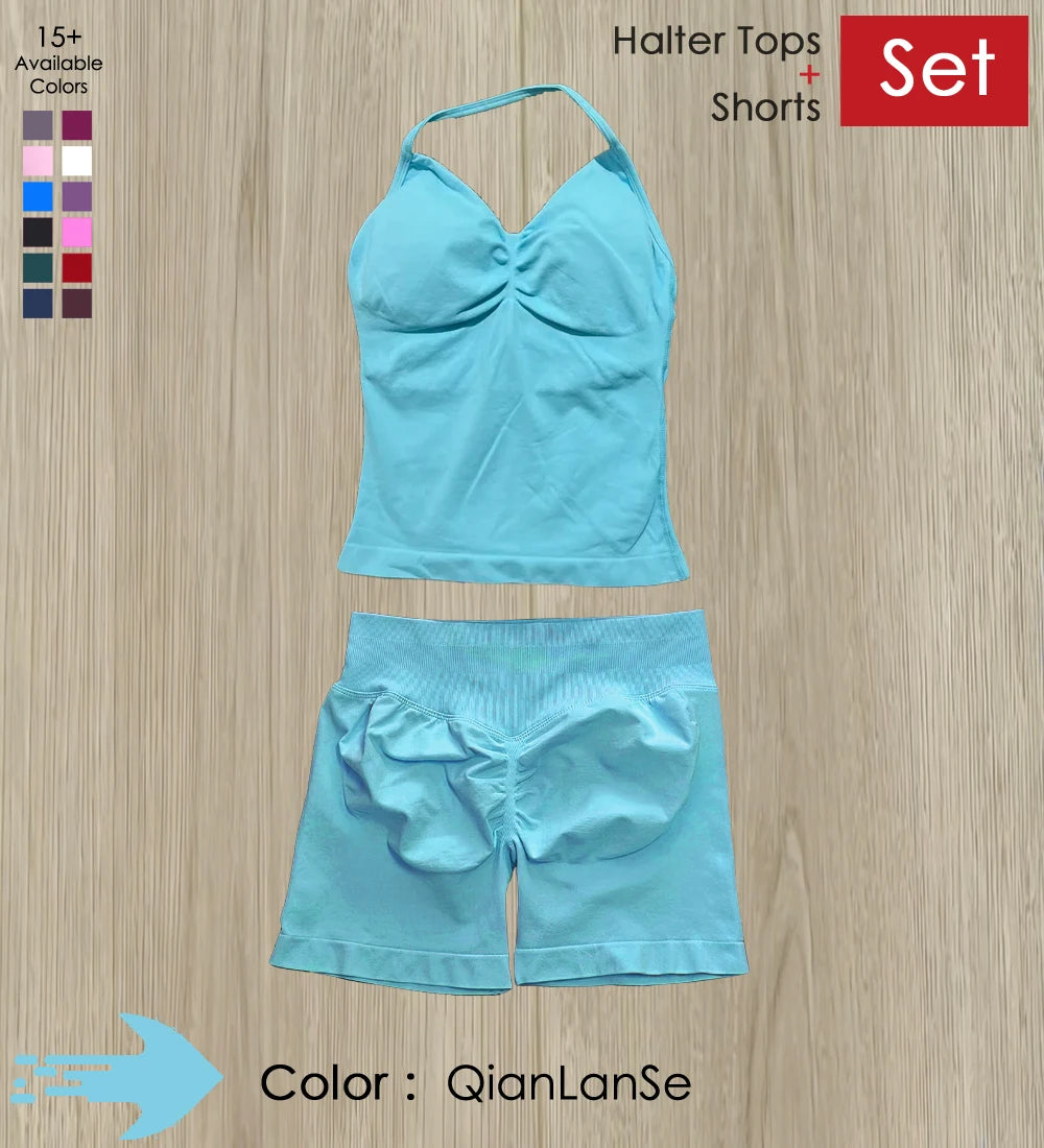 Yoga 2 Pieces Gym Set Women Backless Halter Tops High Waist Seamless Shorts Gym Suit Fitness Sports Bras Sportswear Workout Sets