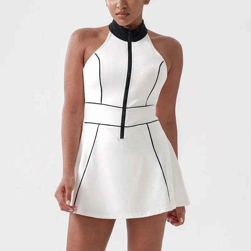 Women Tennis Dress with Shorts Contrast Color Gym Sports Dresses Zipper Stand Collar Yoga Casual Skirt Workout Athletic Skort