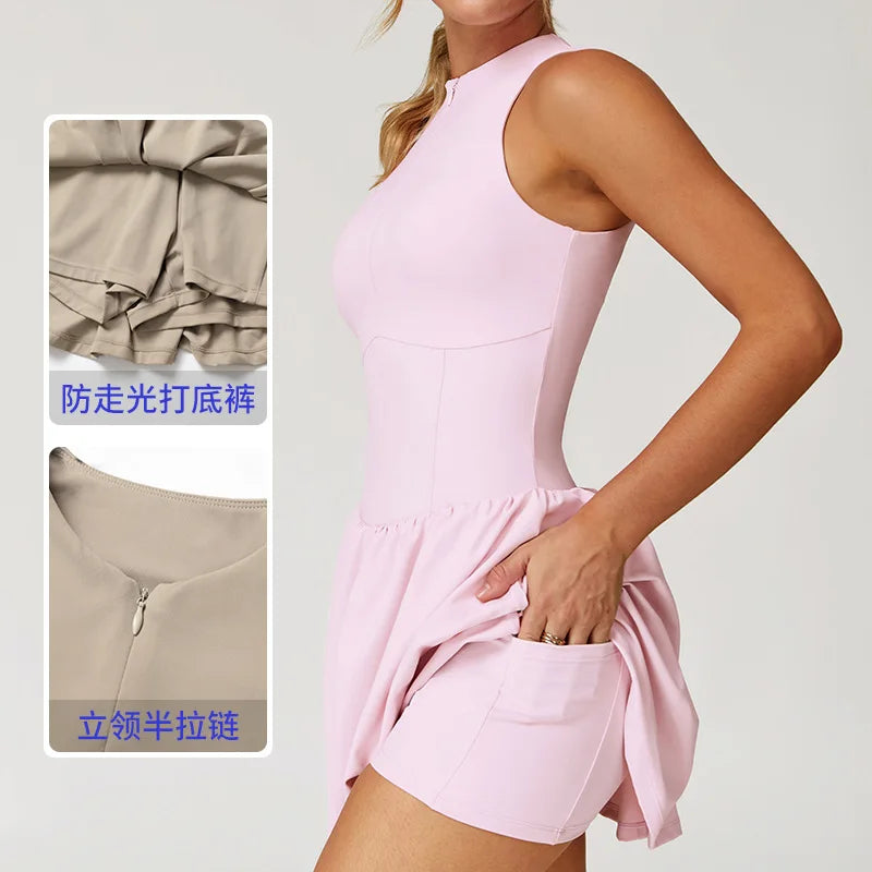 Tennis Skirt Sports Fitness Stand-up Collar Anti-light Golf Badminton Casual Fitness Workout Clothing Gym Yoga Suit for Women