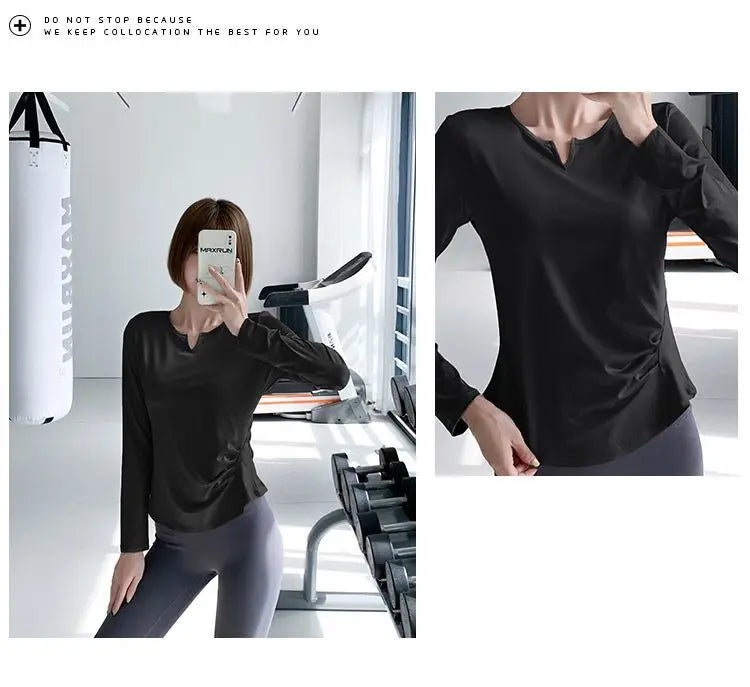 Sports Tops for Women in Spring and Autumn Slim V-neck High-elastic Yoga Tops for High-end Fitness Long Sleeves