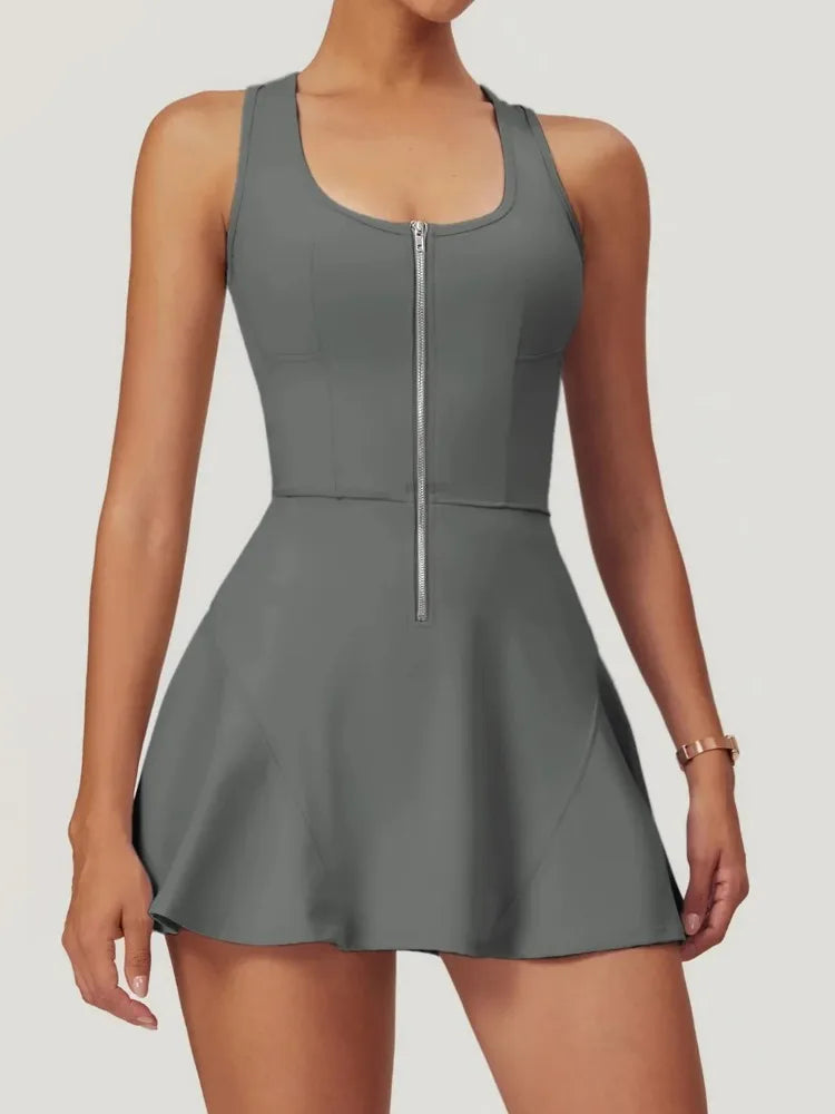 Women Tennis Dress with Short Zipper Anti emptied Stretchy Sports Skirt Wear for Fitness Gym Yoga Golf Badminton Clothing Set