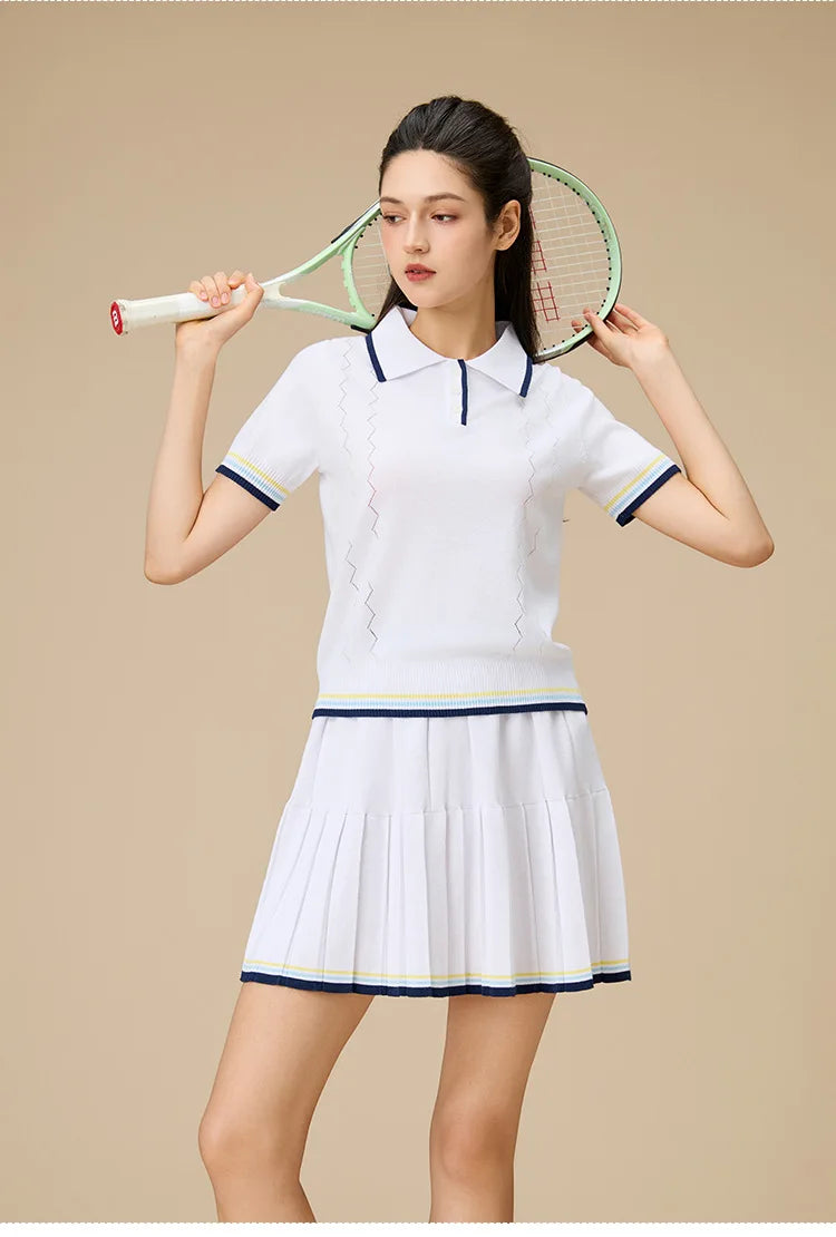 New 2pcs Tennis Clothing Set Women Knitted Polo Shirt Breathable Short Sleeve Golf Top Pleated Fitness Tennis Skort Sports Skirt