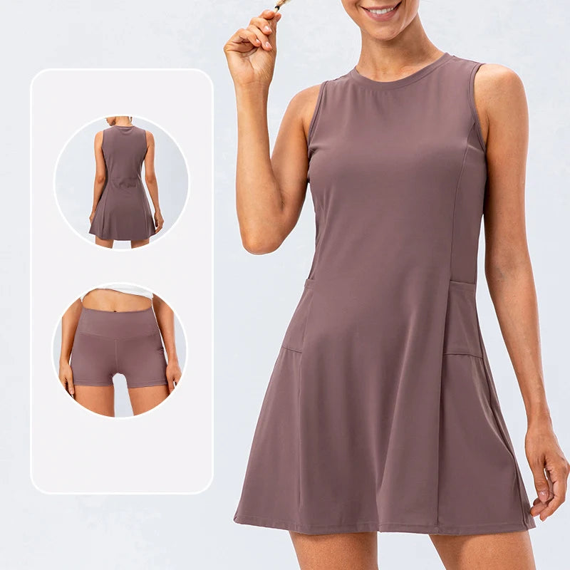 Tennis Dress Women With Separate Shorts Sleeveless Golf Sport Skirts Set with Pockets Training Running Fitness Female Badminton