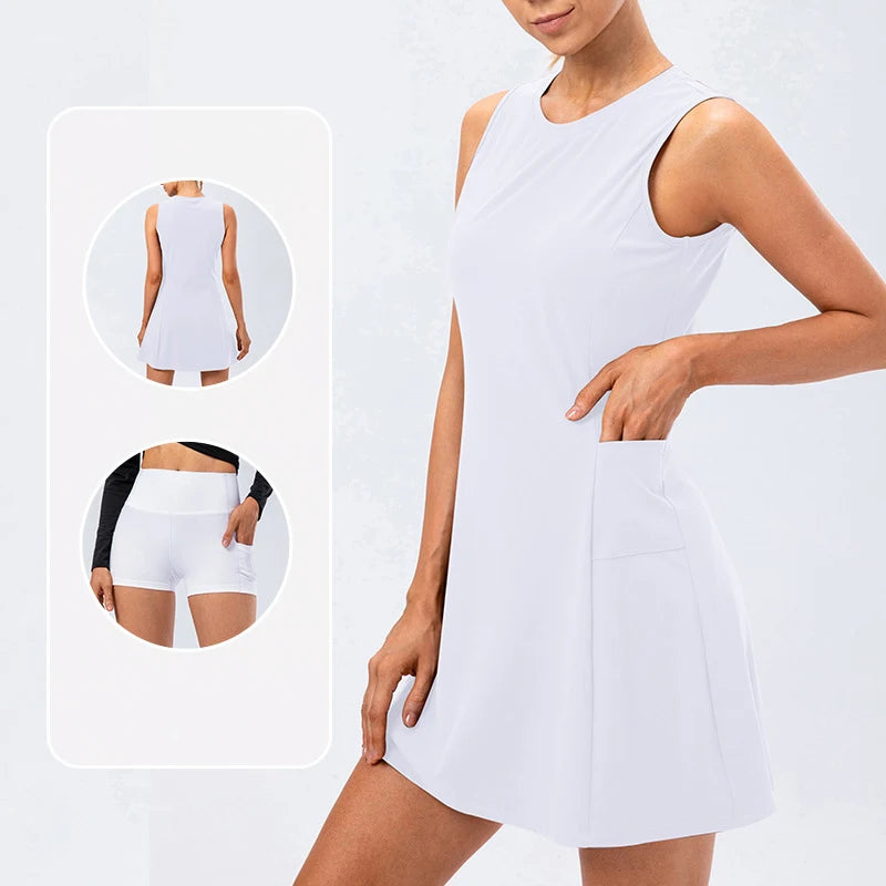 Tennis Dress Women With Separate Shorts Sleeveless Golf Sport Skirts Set with Pockets Training Running Fitness Female Badminton