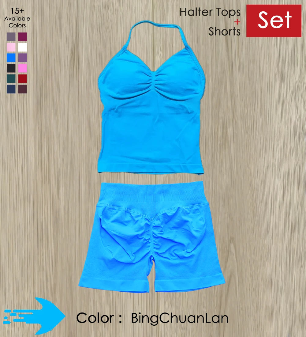 Yoga 2 Pieces Gym Set Women Backless Halter Tops High Waist Seamless Shorts Gym Suit Fitness Sports Bras Sportswear Workout Sets