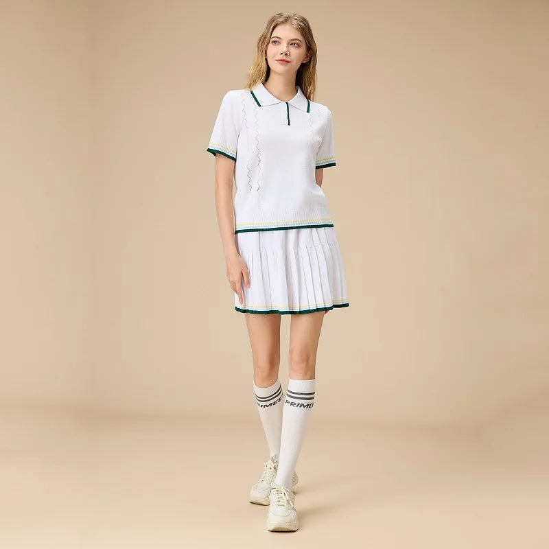 New 2pcs Tennis Clothing Set Women Knitted Polo Shirt Breathable Short Sleeve Golf Top Pleated Fitness Tennis Skort Sports Skirt