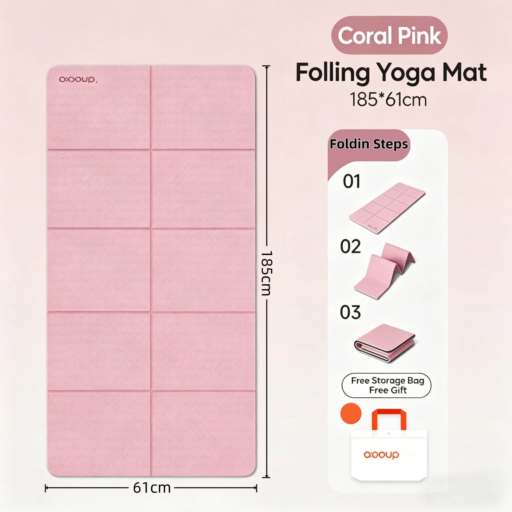 Foldable Tpe Yoga Mat 185× 61cm , Double-Sided Non-Slip, Eco-Friendly and Odor-Free, Portable Fitness Mat, Suitable for Yoga, Pilates, and Floor Training, Lightweight and Easy to Carry, Comes with a Storage Bag