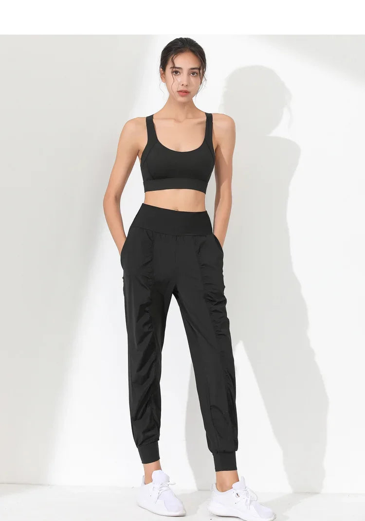 Yoga Pants Loose Slim Quick-Dry Yoga Pants Pleated Hem Bound Running Fitness Capris Pockets Jogging Pants Woman