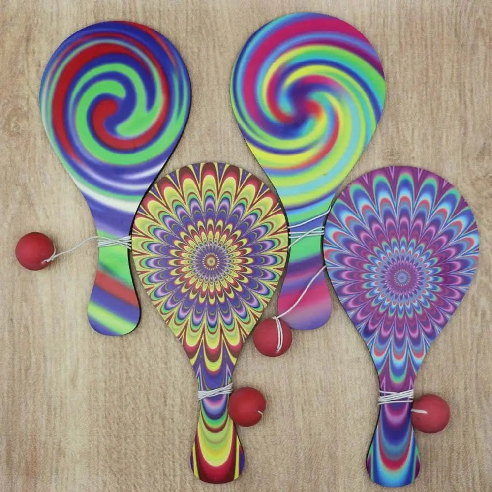 4Pcs Portable Kids Racket Ball Set Retro Wooden Paddles Paddle Ball Game Elastic String Psychedelic Wooden Paddles with Ball