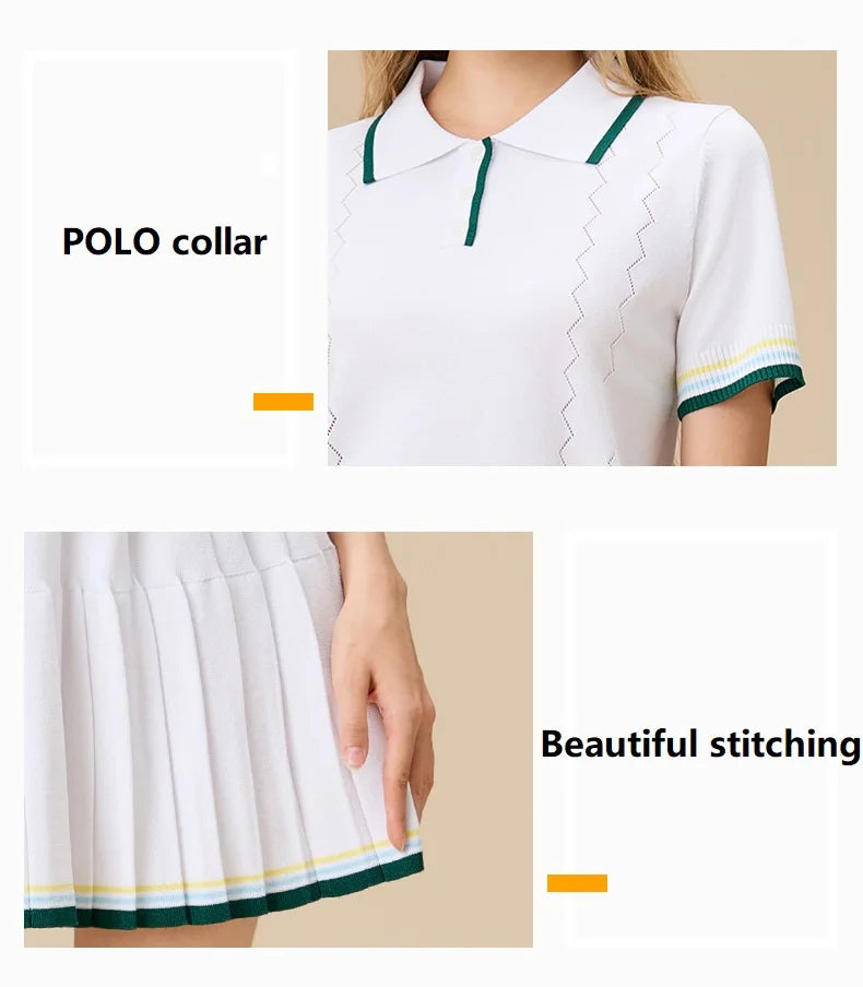 New 2pcs Tennis Clothing Set Women Knitted Polo Shirt Breathable Short Sleeve Golf Top Pleated Fitness Tennis Skort Sports Skirt