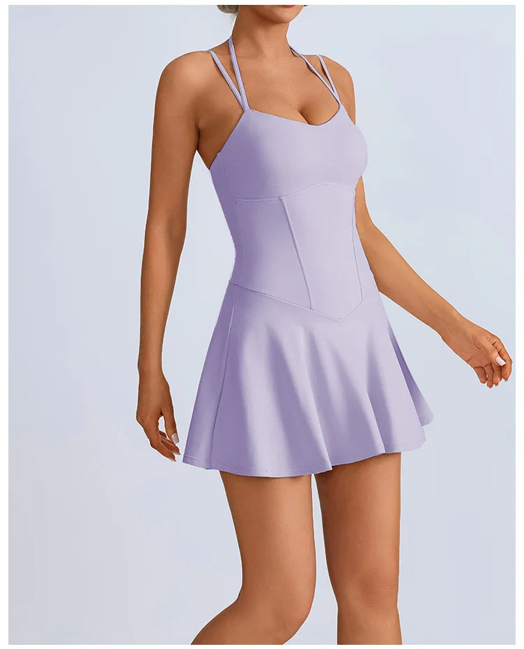Tennis Dress with Shorts Underneath Pockets Strap Dress Sporting Tennis Outfit Women Gold Wear Sport Dresses Badminton Clothing