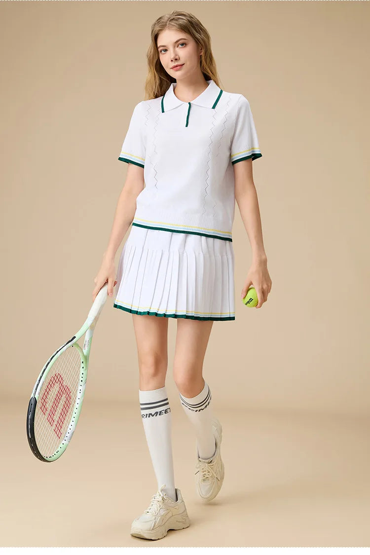 New 2pcs Tennis Clothing Set Women Knitted Polo Shirt Breathable Short Sleeve Golf Top Pleated Fitness Tennis Skort Sports Skirt