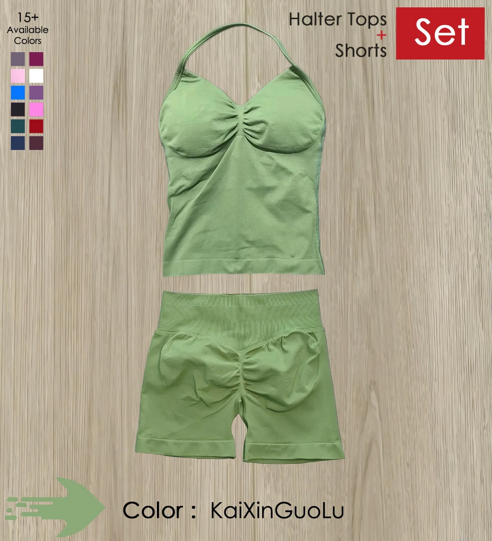 Yoga 2 Pieces Gym Set Women Backless Halter Tops High Waist Seamless Shorts Gym Suit Fitness Sports Bras Sportswear Workout Sets