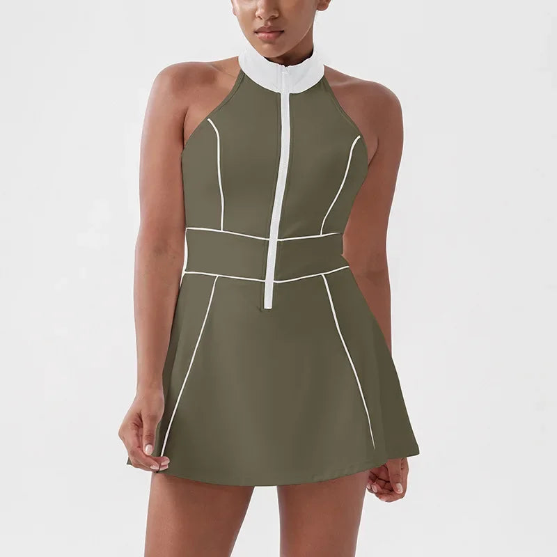 Women Tennis Dress with Shorts Contrast Color Gym Sports Dresses Zipper Stand Collar Yoga Casual Skirt Workout Athletic Skort