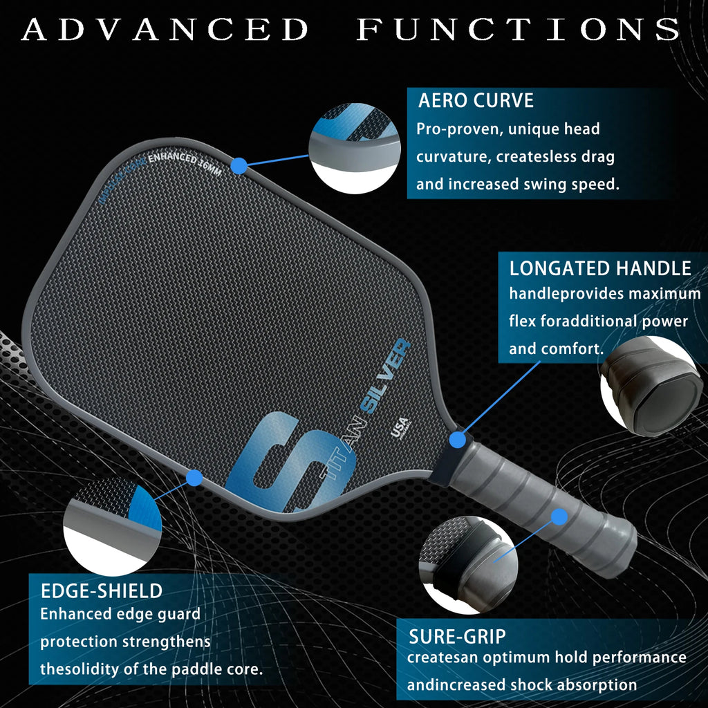 Titanium Silver Thread T700 Carbon Fiber Pickleball Paddle with Large Sweet Spot High Friction Extended Handle Offensive Type