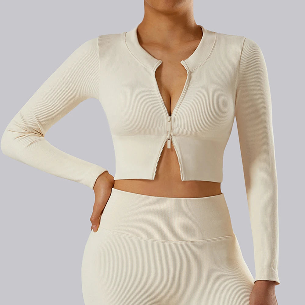 Yoga Shirt Woman Autumn Winter Ribbed Long Sleeve Sports Top Running Training Fitness Top Shockproof Zipper Yoga Tops Women