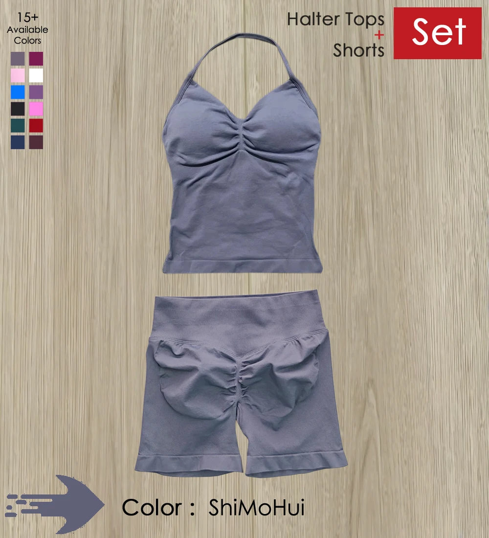 Yoga 2 Pieces Gym Set Women Backless Halter Tops High Waist Seamless Shorts Gym Suit Fitness Sports Bras Sportswear Workout Sets