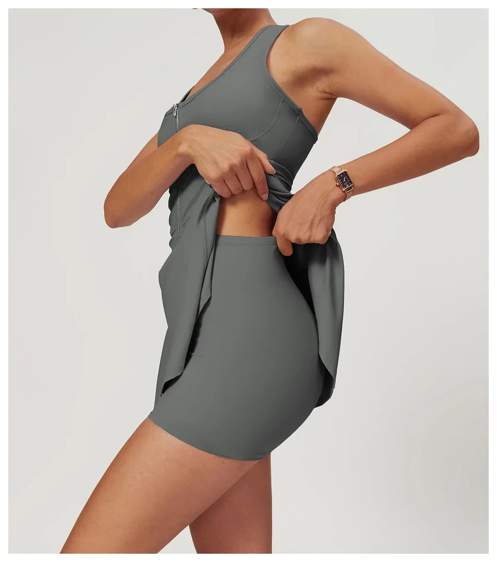 Women Tennis Dress with Short Zipper Anti emptied Stretchy Sports Skirt Wear for Fitness Gym Yoga Golf Badminton Clothing Set