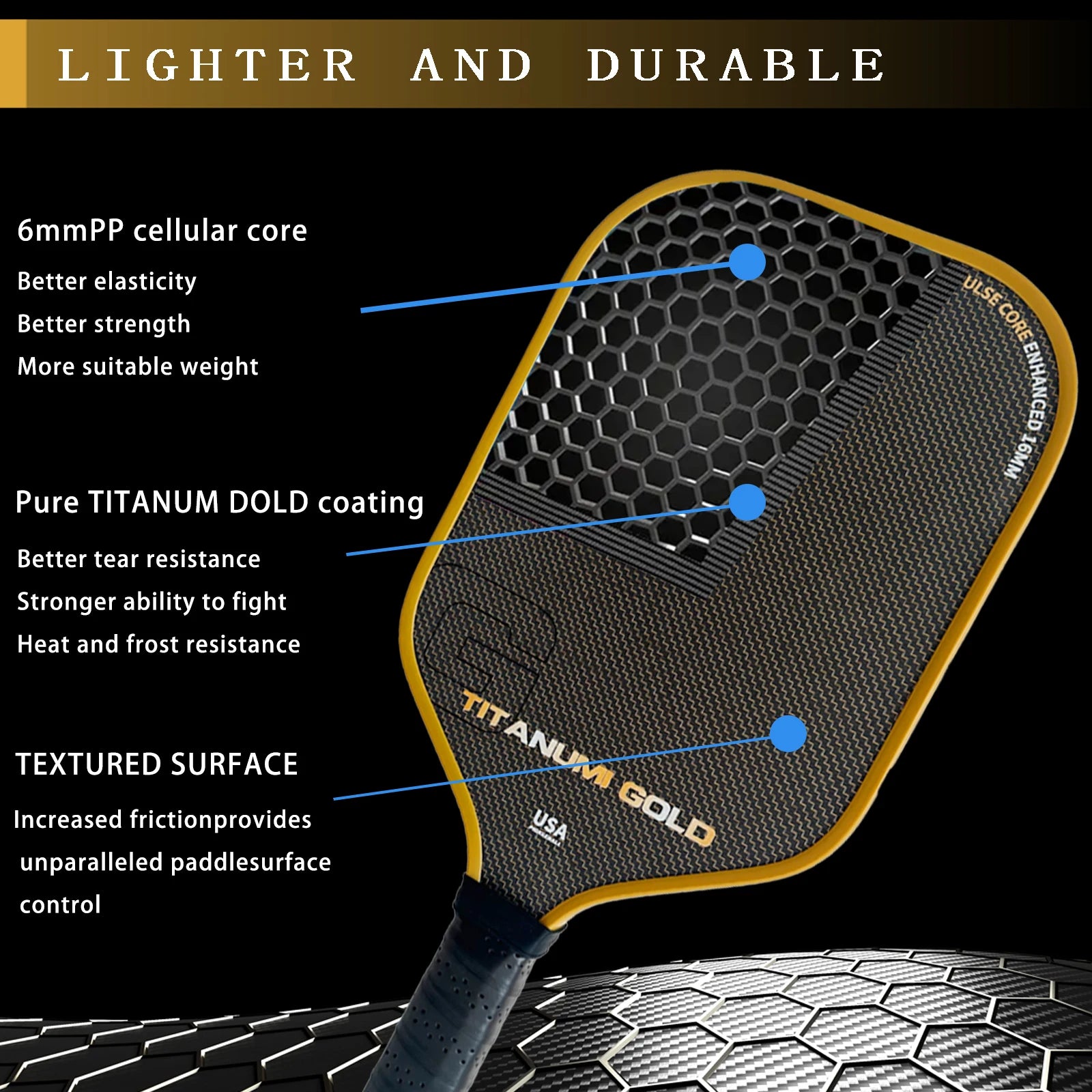 Titanium Pickleball Paddle with Four-Layer Carbon Fiber And PP Honeycomb Core Rough Frosted Cloth Surface for Enhanced Grip