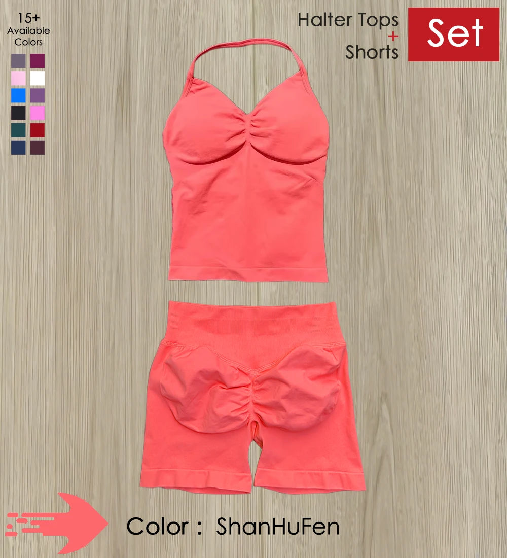 Yoga 2 Pieces Gym Set Women Backless Halter Tops High Waist Seamless Shorts Gym Suit Fitness Sports Bras Sportswear Workout Sets