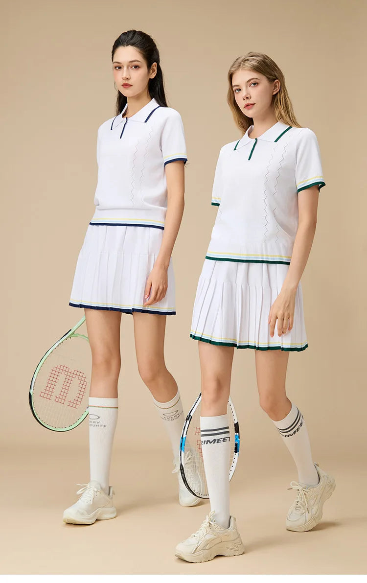 New 2pcs Tennis Clothing Set Women Knitted Polo Shirt Breathable Short Sleeve Golf Top Pleated Fitness Tennis Skort Sports Skirt