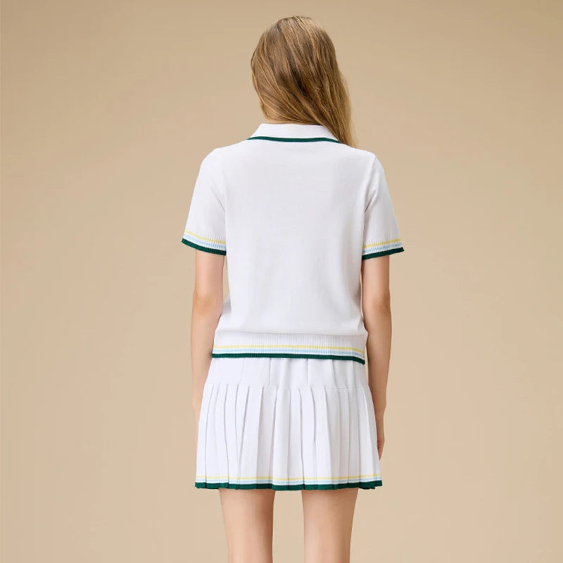 New 2pcs Tennis Clothing Set Women Knitted Polo Shirt Breathable Short Sleeve Golf Top Pleated Fitness Tennis Skort Sports Skirt