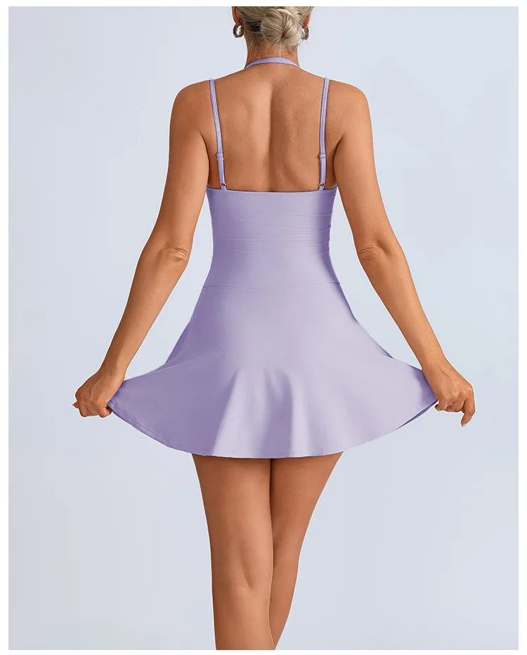 Tennis Dress with Shorts Underneath Pockets Strap Dress Sporting Tennis Outfit Women Gold Wear Sport Dresses Badminton Clothing