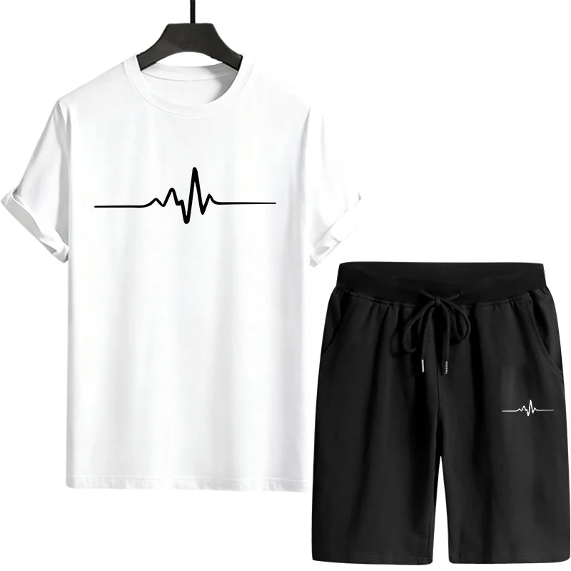 Men's T-shirt sports outfit with print, casual wear for outdoor gym, jogging, street clothing, summer T-shirt shorts