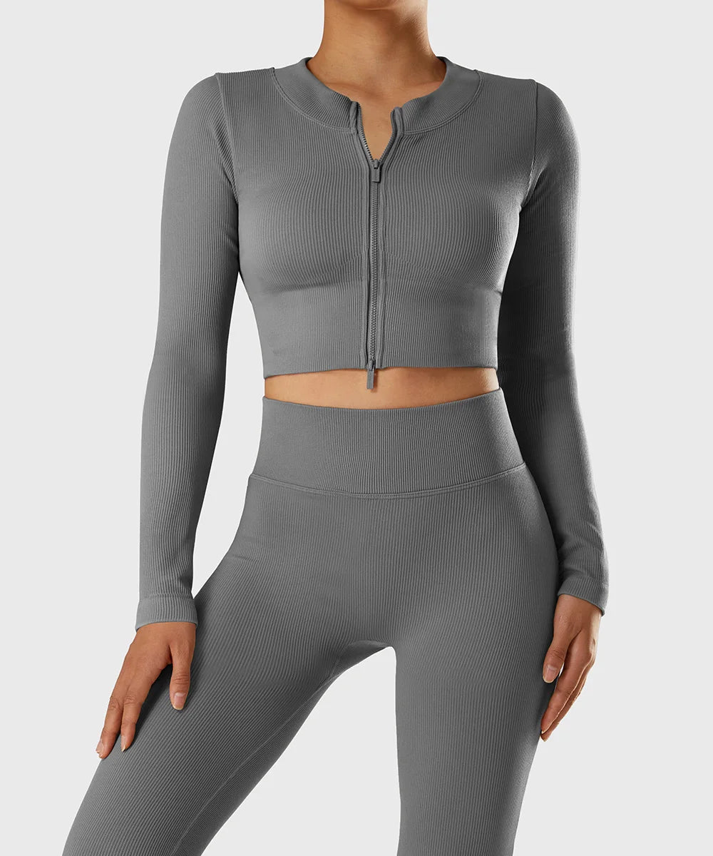 Yoga Shirt Woman Autumn Winter Ribbed Long Sleeve Sports Top Running Training Fitness Top Shockproof Zipper Yoga Tops Women