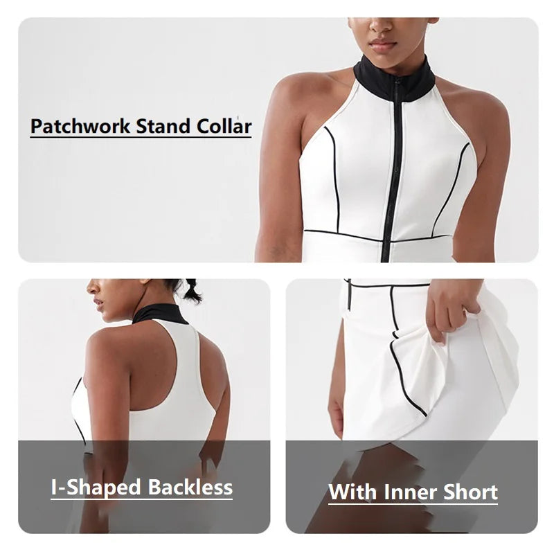 Women Tennis Dress with Shorts Contrast Color Gym Sports Dresses Zipper Stand Collar Yoga Casual Skirt Workout Athletic Skort