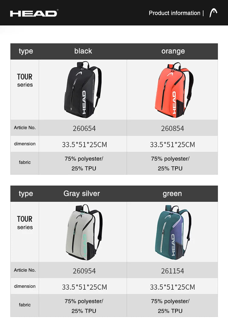 HEAD TOUR TEAM Series Original Tennis Backpack 1-2Pack Tennis Racket Bag Padel Beach Shoulder Racquet Bag With Shoes Space 25L