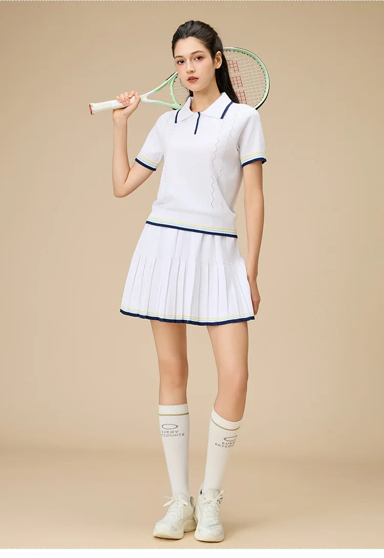 New 2pcs Tennis Clothing Set Women Knitted Polo Shirt Breathable Short Sleeve Golf Top Pleated Fitness Tennis Skort Sports Skirt