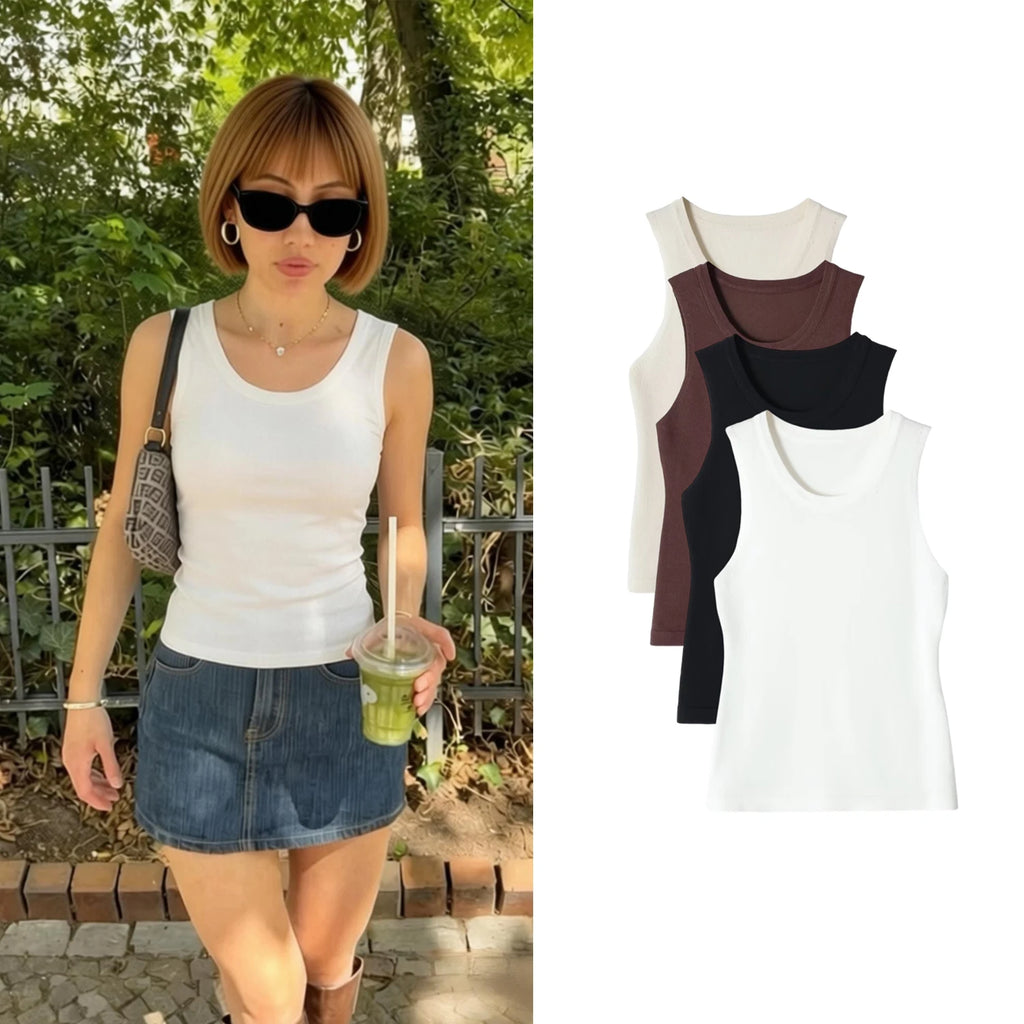 Women's Tank Tops Summer  Female Simple Solid Slimming O-Neck Casual Ribbed Sleeveless Tops Lady Daily Camisoles
