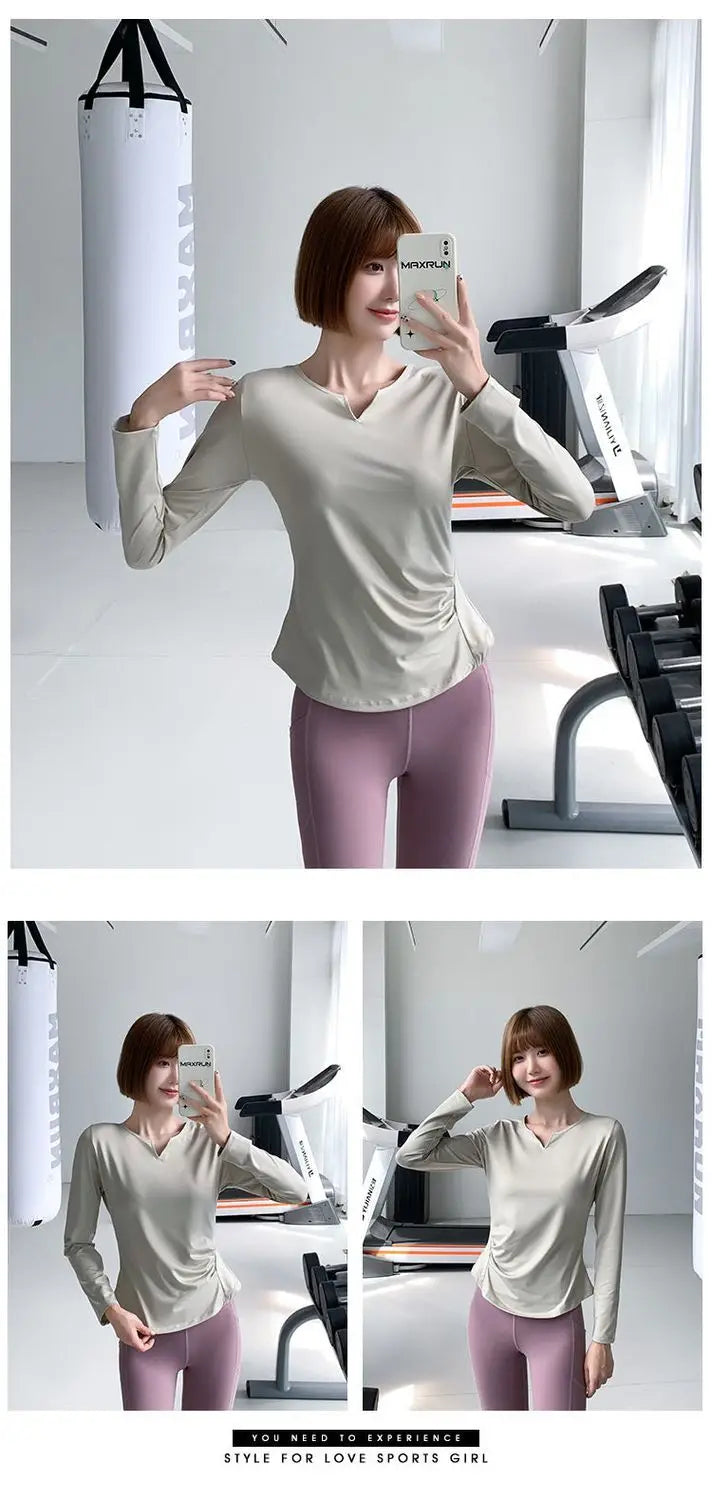 Sports Tops for Women in Spring and Autumn Slim V-neck High-elastic Yoga Tops for High-end Fitness Long Sleeves