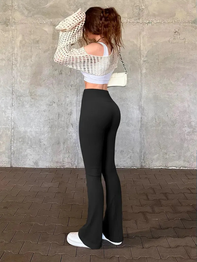 Solid Color Threaded Stretch Yoga Pants Women's High Waisted Flared Yoga Pants Comfortable Fitness and Running Athletic Casual