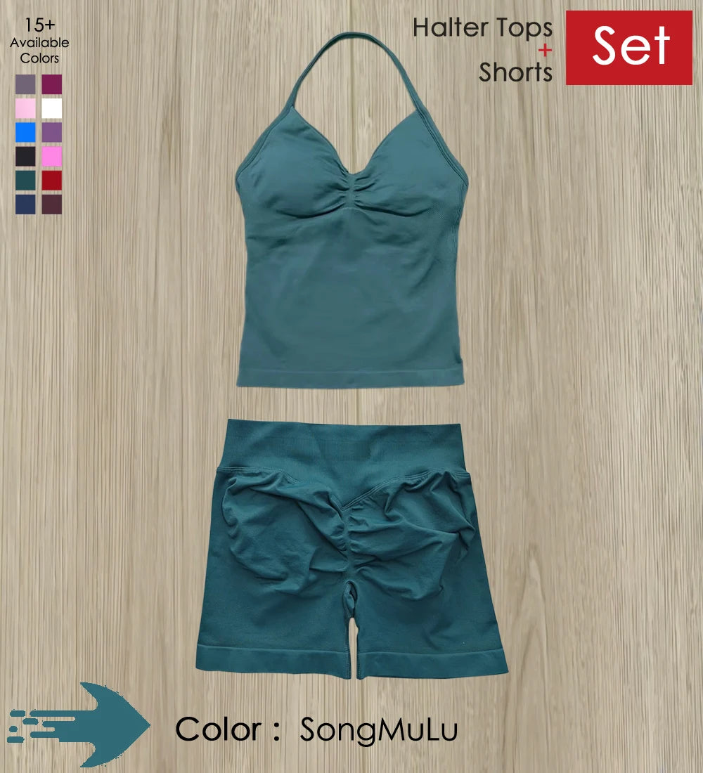 Yoga 2 Pieces Gym Set Women Backless Halter Tops High Waist Seamless Shorts Gym Suit Fitness Sports Bras Sportswear Workout Sets