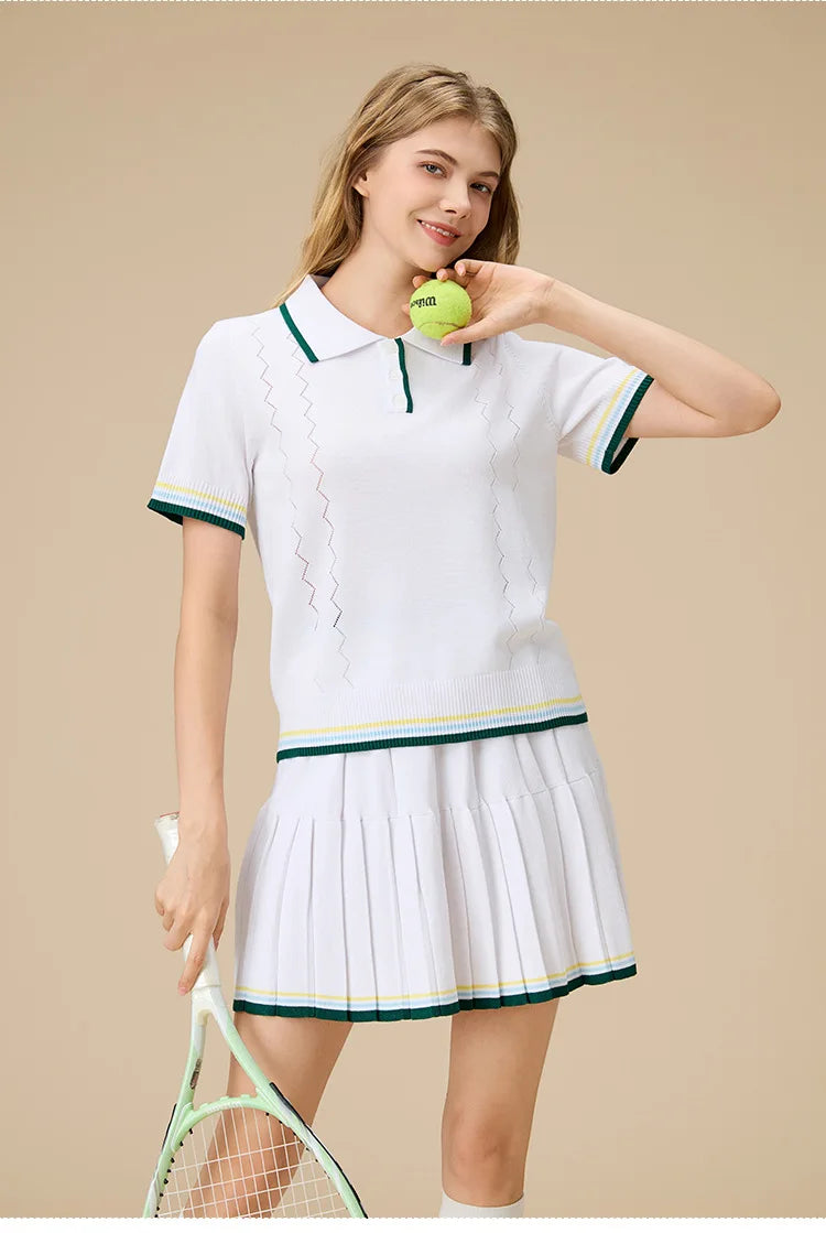 New 2pcs Tennis Clothing Set Women Knitted Polo Shirt Breathable Short Sleeve Golf Top Pleated Fitness Tennis Skort Sports Skirt
