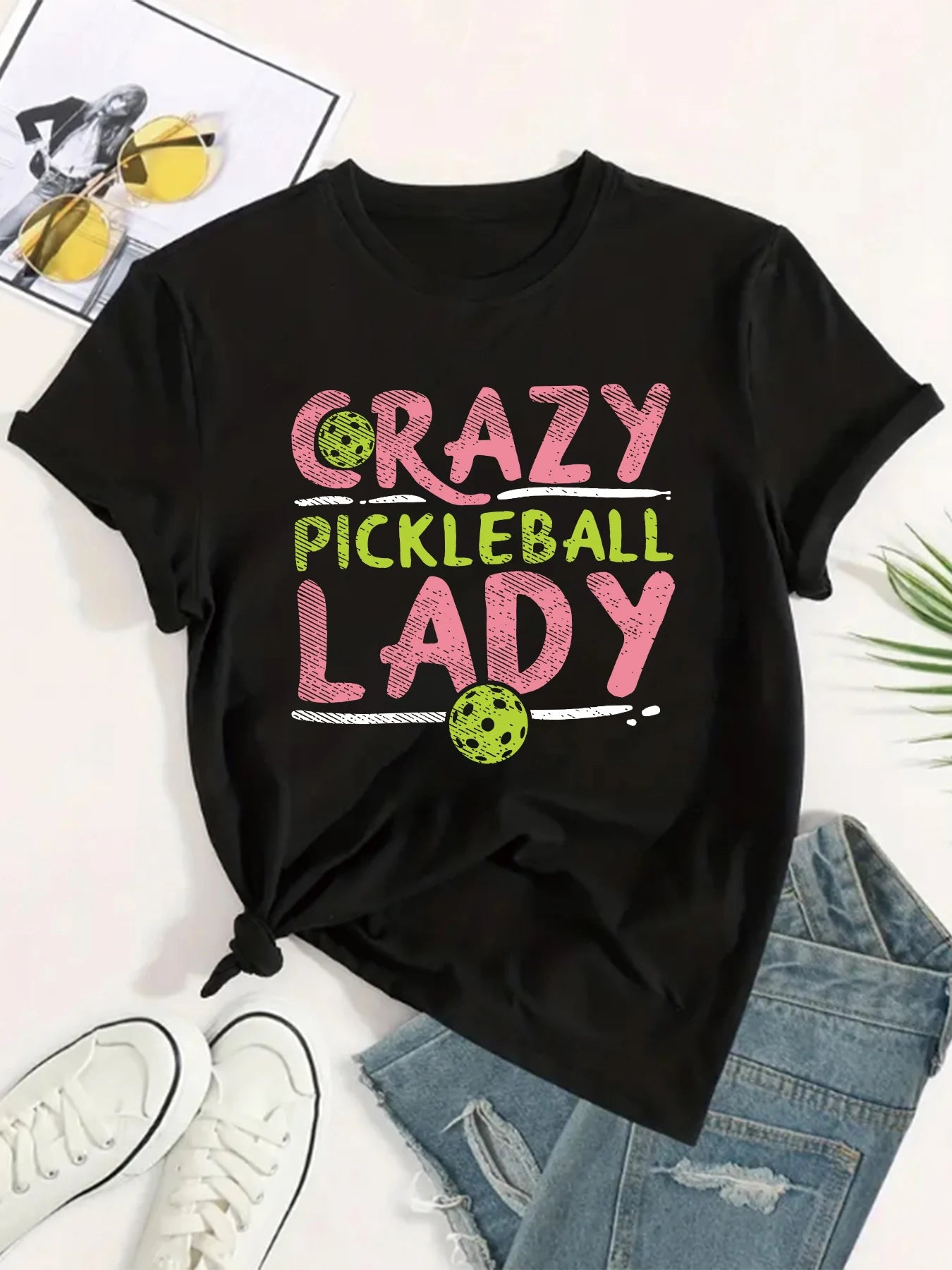 CRAZY PICKLEBALL LADY letter Print T-shirt Fun Street Hip Hop Vintage Women's T-shirt Fashion Casual Summer Top Harajuku 2024