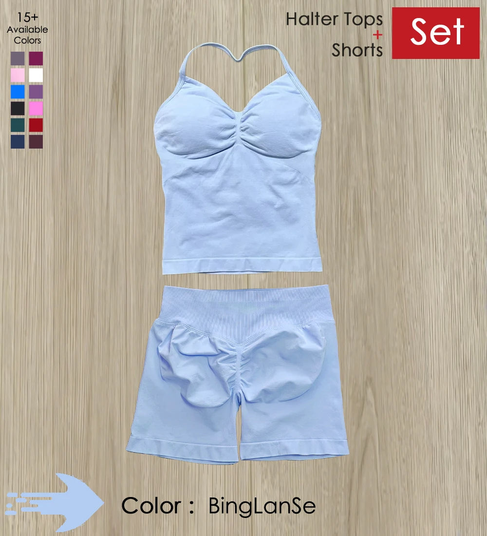 Yoga 2 Pieces Gym Set Women Backless Halter Tops High Waist Seamless Shorts Gym Suit Fitness Sports Bras Sportswear Workout Sets