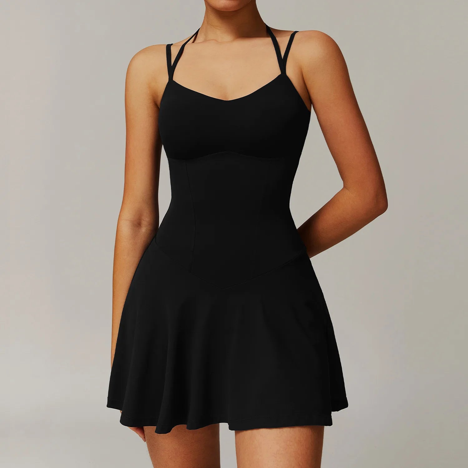 Tennis Dress with Shorts Underneath Pockets Strap Dress Sporting Tennis Outfit Women Gold Wear Sport Dresses Badminton Clothing