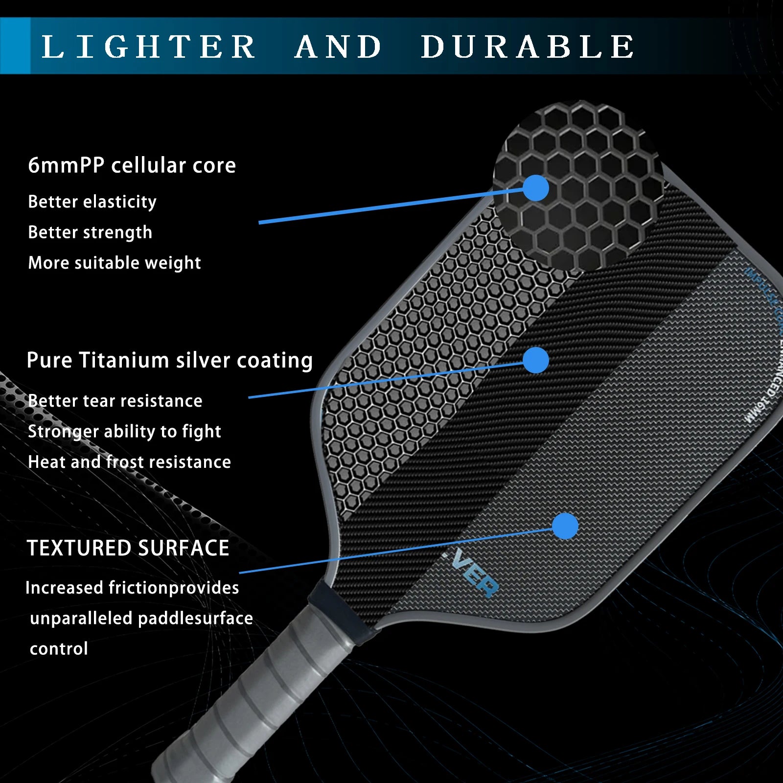 Titanium Silver Thread T700 Carbon Fiber Pickleball Paddle with Large Sweet Spot High Friction Extended Handle Offensive Type