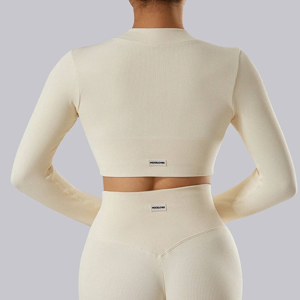 Yoga Shirt Woman Autumn Winter Ribbed Long Sleeve Sports Top Running Training Fitness Top Shockproof Zipper Yoga Tops Women